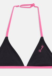 Black triangular bikini top with vibrant pink straps and trim. Features 'Brunotti' logo in pink on the side. Smooth texture, minimal design.