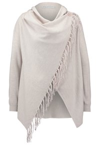 Hellbeige gestrickter Wickel-Pullover mit einem drapierten Ausschnitt, Knopfdetails und Fransenakzenten an einer Seite. Weiches, strukturiertes Material.