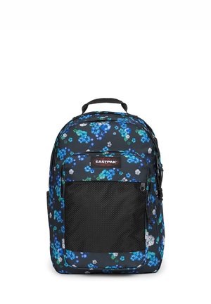 Czarny plecak z niebiesko-białymi kwiatowymi wzorami, siateczkową przednią kieszenią, górną rączką oraz logo Eastpak na przedniej kieszeni.