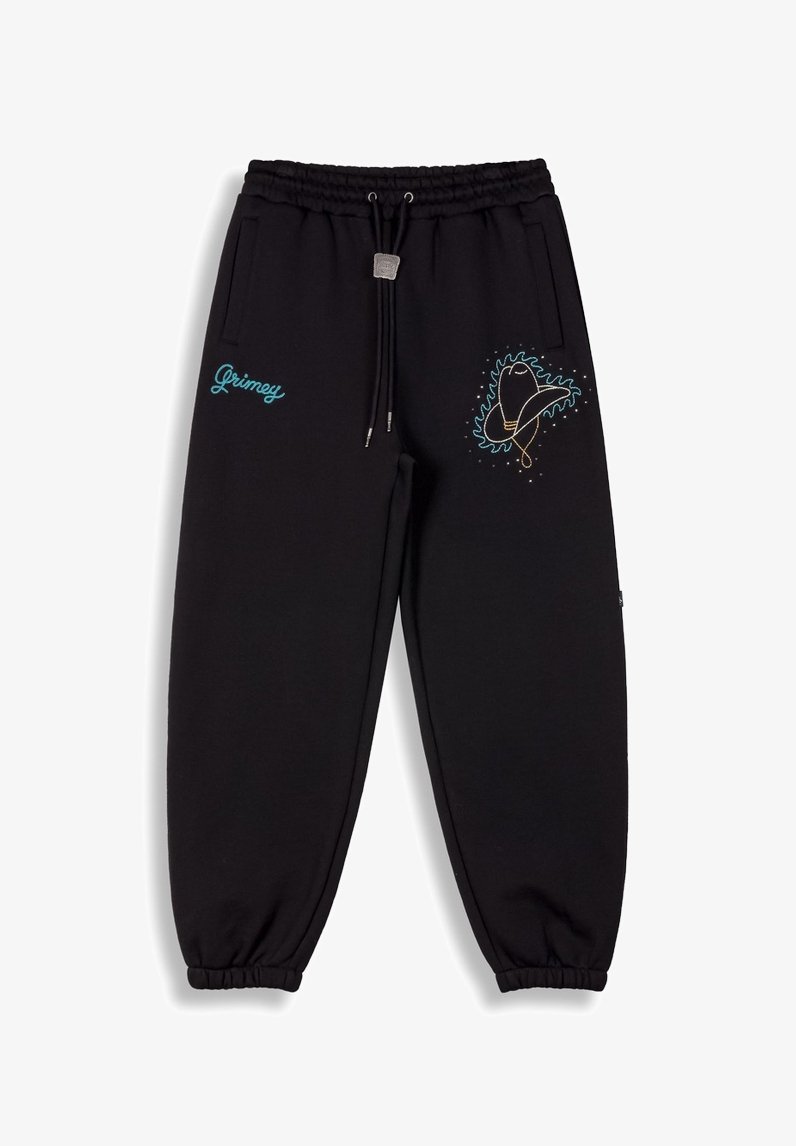 Zwarte joggingsbroek van zacht materiaal, met een elastische tailleband met trekkoord, zijzakken en kleurrijke borduursels op de linkerdij.