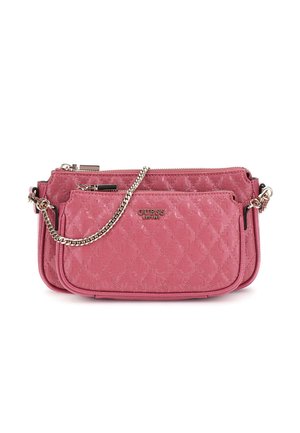 Borsa a tracolla sintetica trapuntata rosa con doppie sezioni con zip, dotata di una tracolla in catena argentata e dettaglio del logo sul davanti.