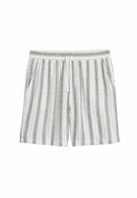 Gestreifte Shorts aus leichtem Material, mit grauen und weißen vertikalen Streifen, einem elastischen Bund und seitlichen Taschen.