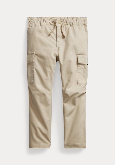 Μπεζ βαμβακερές cargo παντελόνες με ελαστική μέση, ρυθμιζόμενο κορδόνι και δύο πλαϊνές τσέπες. Λείο υλικό και ίσια γραμμή.