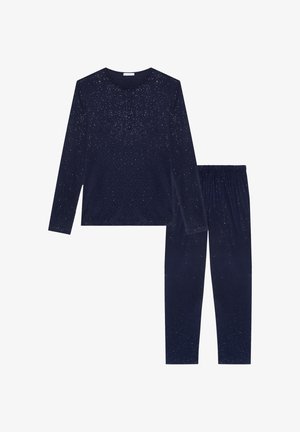 Marineblaues Schlafanzug-Set bestehend aus einem Langarmoberteil mit Knopfleiste und einer Hose, beide mit verstreuten glänzenden Akzenten.