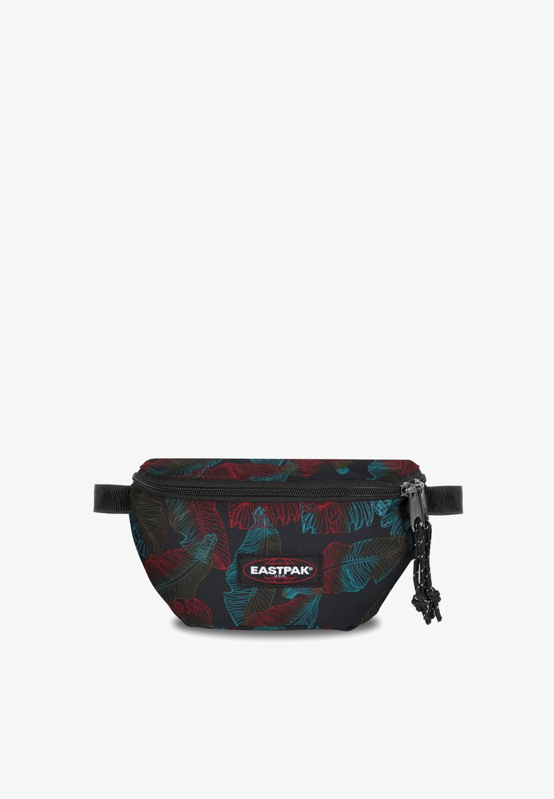 Musta vyökipinä, jossa on punaisen ja turkoosin lehtien kuviot, vetoketjullinen suljenta, säädettävä hihna ja brändilogo-ompelu.