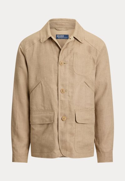 Men’s beige linen jacket with collar, three front buttons, one chest pocket, and two flap pockets at waist level.