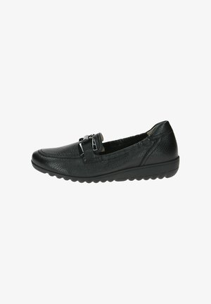 Black leather slip-on shoe with textured surface, featuring a decorative buckle detail on the upper and a flexible rubber sole.