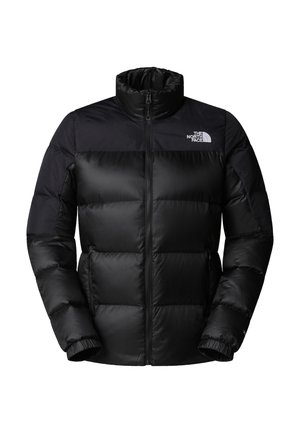 Black puffer jacket with a zip-up front, high collar, and ribbed cuffs. Features a matte finish and a logo on the upper left side.