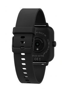 Montre intelligente noire avec un cadran carré, un bracelet en caoutchouc et une boucle réglable. Les fonctionnalités comprennent un capteur de fréquence cardiaque et le texte 'AFFICHAGE ULTRA HD'.
