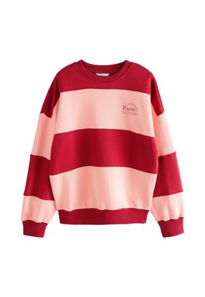 Rot gestreifter und blassrosa Sweatshirt mit Rundhalsausschnitt und langen Ärmel, ausgestattet mit dem Text "Paris" in einem kleinen grafischen Detail.