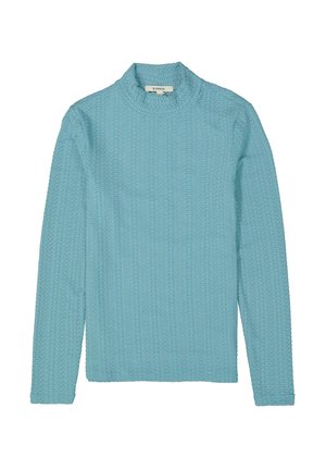 Lichtblauw langemouwen top met een hoge hals, voorzien van getextureerde zigzagpatronen over de stof. Zachte gebreide materiaal.