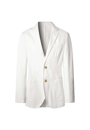 White linen blazer with a notched lapel, two front pockets, and two gold buttons. Unlined interior with a clean, minimalist design.