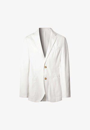 Blazer bianco in lino con rever a punta, due tasche frontali e due bottoni dorati. Interno non foderato con un design pulito e minimalista.