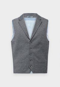 Gr�å hundetann vest med en skreddersydd passform, med seks knapper, notched lapels og kontrast blå indre fôr.