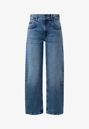 Hochgezogene blaue Jeans aus Denim mit weitem Bein, Frontknopf und Reißverschluss, Gürtelschlaufen und Fronttaschen.