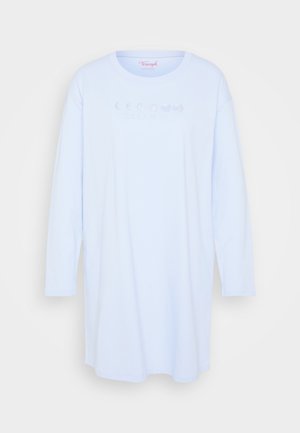 Light blue long-sleeve nightshirt with a round neckline. Features a moon phase design and soft, smooth fabric texture.