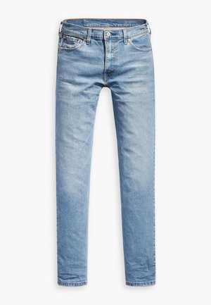 Lichtblauwe denim jeans, rechte pasvorm, vijf-pocket ontwerp, met een rits en knoopsluiting. Soepele textuur met subtiele vervagingsdetails.
