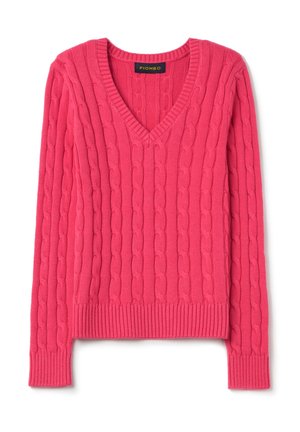 Maglione rosa a maglia lavorata a cable con scollo a V, polsini e orlo a coste. Motivo strutturato in tutta la sua lunghezza, realizzato in un materiale morbido e caldo.