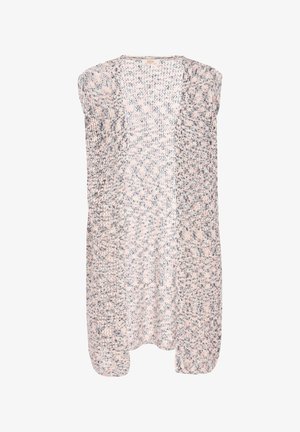 Cárdigan ligero de suave tejido de punto, con una paleta de colores pastel salpicada de azul oscuro y rosa. Con apertura frontal, sin cierres.