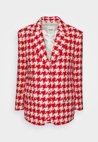 Röd och vit hounds-tooth mönstrad kavaj med notched lapel, två framfickor och tre guldfärgad knappar på framsidan.