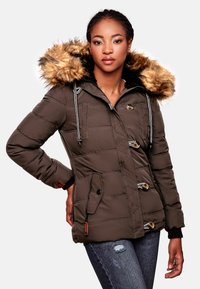 Brown puffer coat with faux fur hood, large buttons, zippered pockets, and contrasting drawstrings. Textured fabric with quilted pattern.