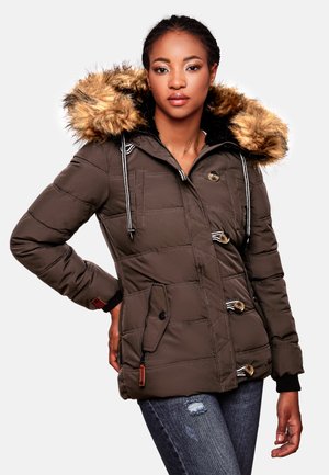 Brown puffer coat with faux fur hood, large buttons, zippered pockets, and contrasting drawstrings. Textured fabric with quilted pattern.