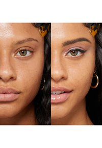 Two close-up faces side by side; left shows natural skin tone, bare lips; right features pink eyeshadow, cat-eye liner, glossy lips, and hoop earrings.