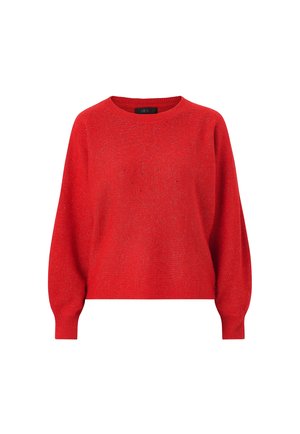 Rød strikket sweater med rund hals, lange ærmer og struktureret finish. Har subtile metalliske tråde for ekstra detaljer.