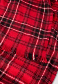 Czerwono-szara chusta w kratę o miękkiej fakturze, tkanym wzorze czarnych i białych linii, z frędzlami na brzegach dla dodatkowego wykończenia.