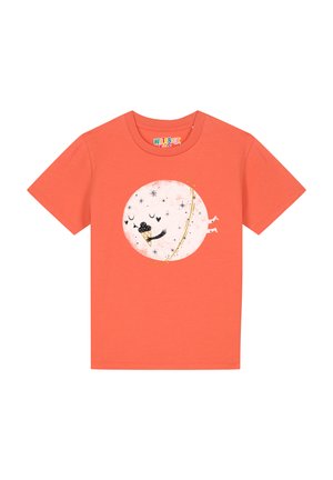 Kurzärmliges oranges T-Shirt aus weicher Baumwolle. Mit einem verspielten Grafikdesign eines lächelnden Mondes mit Sternen und einem Hund, der eine Eistüte hält.
