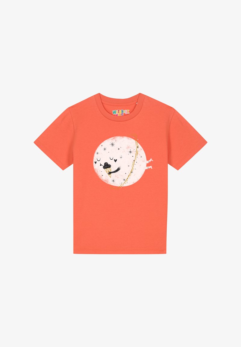 Kurzärmliges oranges T-Shirt aus weicher Baumwolle. Mit einem verspielten Grafikdesign eines lächelnden Mondes mit Sternen und einem Hund, der eine Eistüte hält.