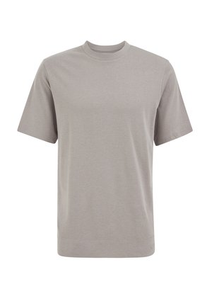 T-shirt semplice grigio chiaro a maniche corte con scollatura tonda, mostrata su sfondo bianco.