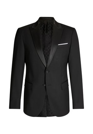 Veste de smoking noire avec revers en satin, fermeture à un bouton et deux poches avant. L'intérieur présente une doublure texturée avec un motif géométrique.