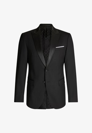 Giacca da smoking nera con rever in raso, chiusura con un solo bottone e due tasche frontali. Interno con fodera testurizzata a motivo geometrico.