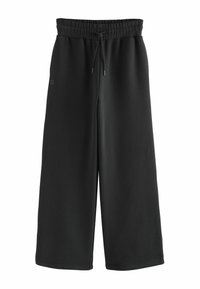 Sorte brede sweatpants med elastisk talje og snøring, lavet af blødt stof med en glat tekstur. Diskret logo-detail på siden.