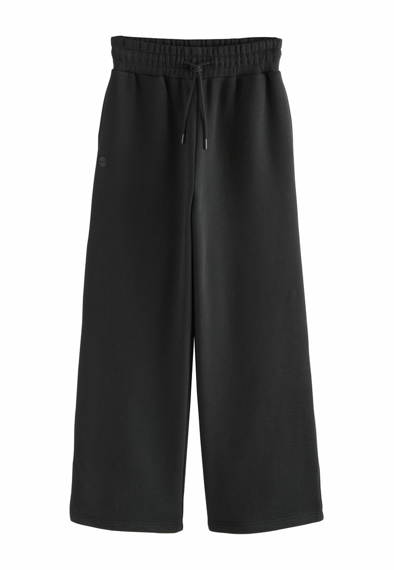 Sorte brede sweatpants med elastisk talje og snøring, lavet af blødt stof med en glat tekstur. Diskret logo-detail på siden.