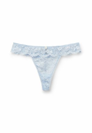Light blue lace thong featuring floral patterns, scalloped edges, and a small button detail at the waist. Soft texture and sheer design.