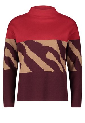 Pull à manches longues rouge, beige et violet foncé avec un motif abstrait ondulé et un col rond haut, présenté de face.