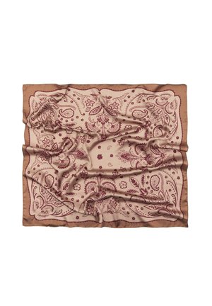 Svilena ruta z rjavimi paisley in cvetličnimi vzorci na bež podlagi, rahlo zmečkana s trdno rjavim robom.