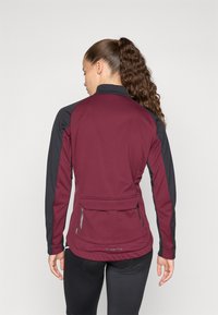 Bordeaux- en zwarte lange mouwen jas met een hoge kraag, zijritsen en een achterzak. Gladde textuur, sportieve pasvorm en contrasterende kleuren.