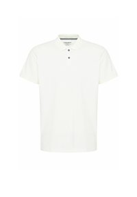 Hvid polo-shirt lavet af bomuld, med en klassisk krave, korte ærmer og en treknapslukning med mørkeblå knapper.