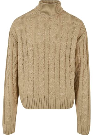 Beige cable-knit sweater with a high neck and ribbed hem. Features a textured pattern and dropped shoulders for a relaxed fit.