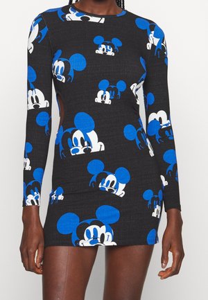 Fitted black long-sleeve mini dress with repeated blue and white cartoon mouse faces pattern on fabric.