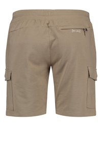 Pantaloni cargo color khaki con cintura elastica, realizzati in tessuto morbido e dotati di tasche laterali e una tasca con zip sul retro.