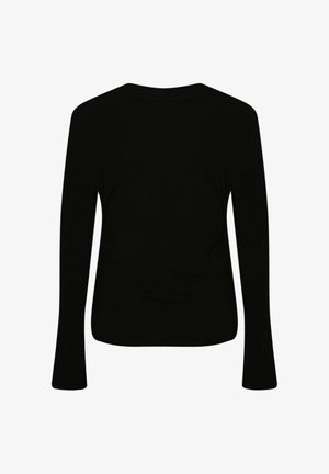 Cămașă neagră cu mânecă lungă, ajustată, guler rotund, design simplu, expusă plat cu partea din spate spre un fundal alb.