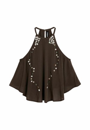 Hnědý halter top bez rukávů s rozšířenými boky, zdobený bílými a tmavými kulatými a čtvercovými korálky ve vertikálních vzorech.