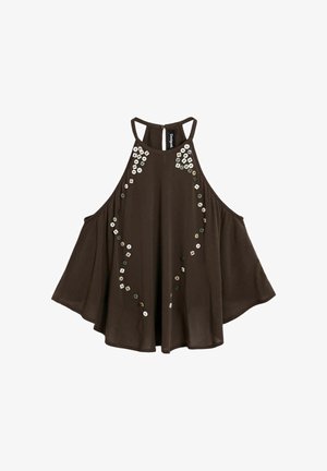 Braunes ärmelloses Neckholder-Top mit ausgestellten Seiten, verziert mit weißen und dunklen runden und quadratischen Perlen in vertikalen Mustern.
