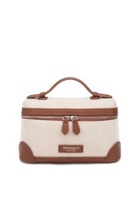 Trousse de toilette rectangulaire en tissu beige avec garniture en cuir marron, double fermeture éclair, poignée supérieure et étiquette "DIANA&CO FIRENZE" à l'avant.