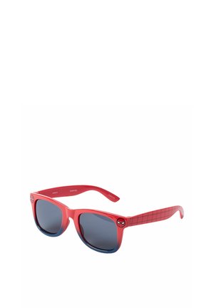 Red and blue rectangular sunglasses with dark lenses, Spider-Man logo on corners, and web pattern on the arms.