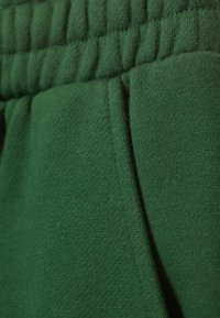 Žalios spalvos džemperio audinys su minkšta tekstūra, turintis susmulkintą juosmens juostą ir šoninės kišenės detalę. Paprastas, nesudėtingas dizainas.